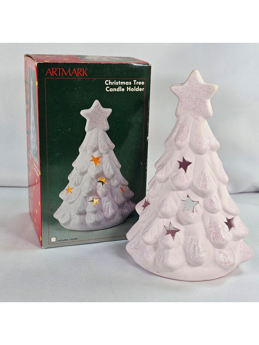 Vintage Artmark Pink Ceramic Christmas Tree Candle Holder Star Cutouts Glitter